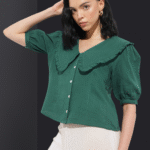 Crinkled Effect Peter Pan Collar Puff Sleeves Crop Top