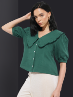 Crinkled Effect Peter Pan Collar Puff Sleeves Crop Top