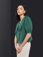 Crinkled Effect Peter Pan Collar Puff Sleeves Crop Top - Image 3