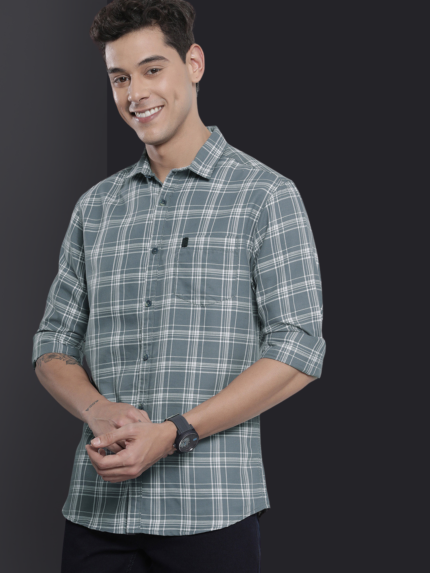 Men Grey & White Checked Cotton Casual Shirt