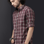 Men Maroon & Grey Slim Fit Checked Casual Shirt