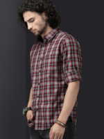 Men Maroon & Grey Slim Fit Checked Casual Shirt