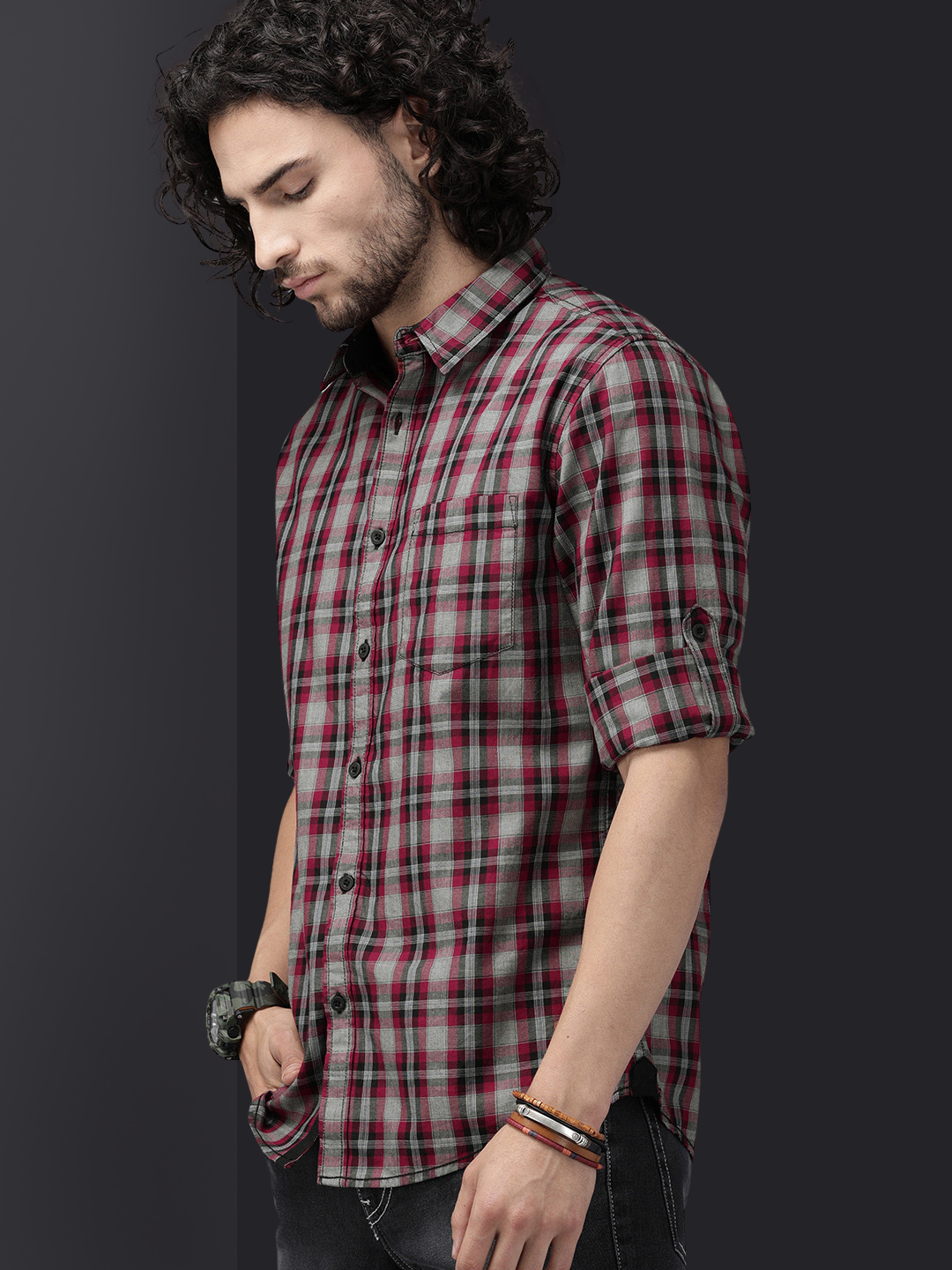Men Maroon & Grey Slim Fit Checked Casual Shirt