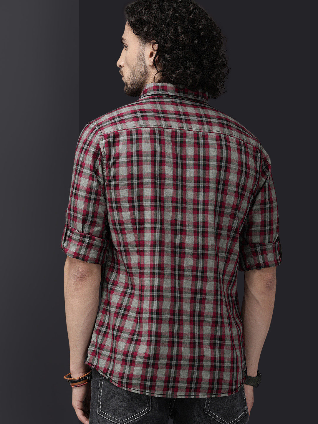 Men Maroon & Grey Slim Fit Checked Casual Shirt - Image 2