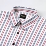 White Color With Red and Gray Color Line Print Cotton Shirt - Image 4
