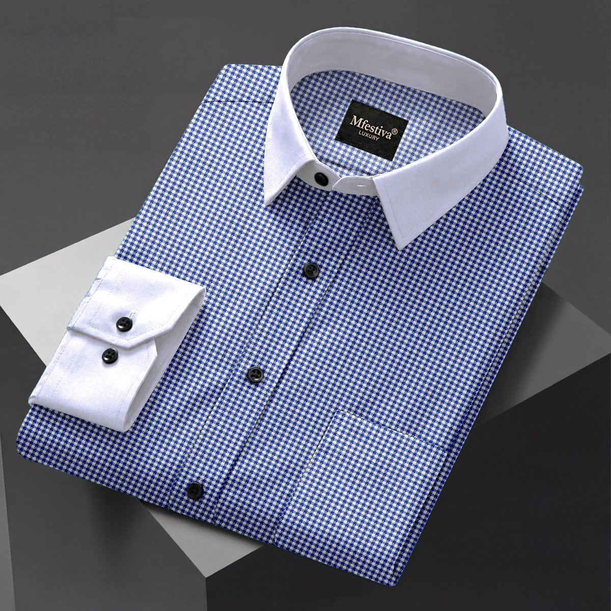 white & BLUE (1) Blue Color Premium Cotton Slim Fit Checkered Casual Shirt - Image 1